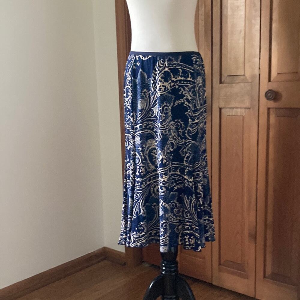 Snoskins Blue & Cream Stretch Pull On Midi Skirt, Size S